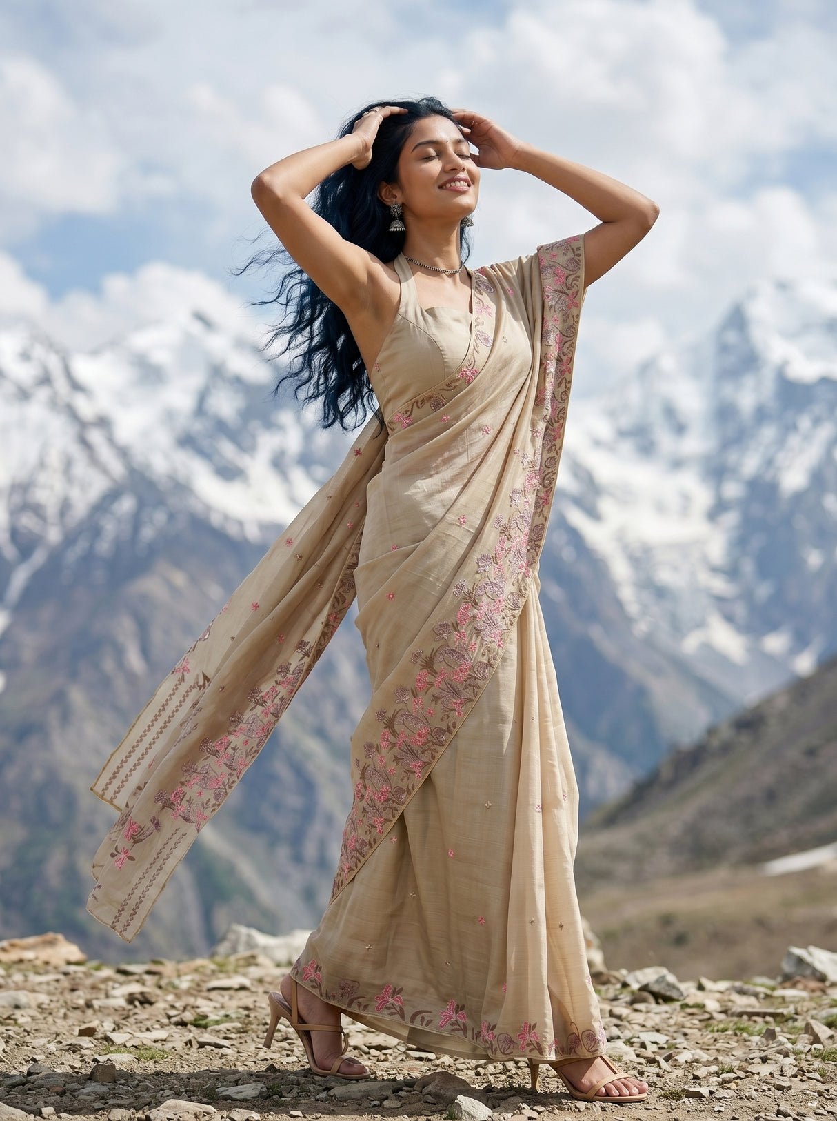 MIMOSA Tussar Banarasi chiffon Saree — Model close-up drape