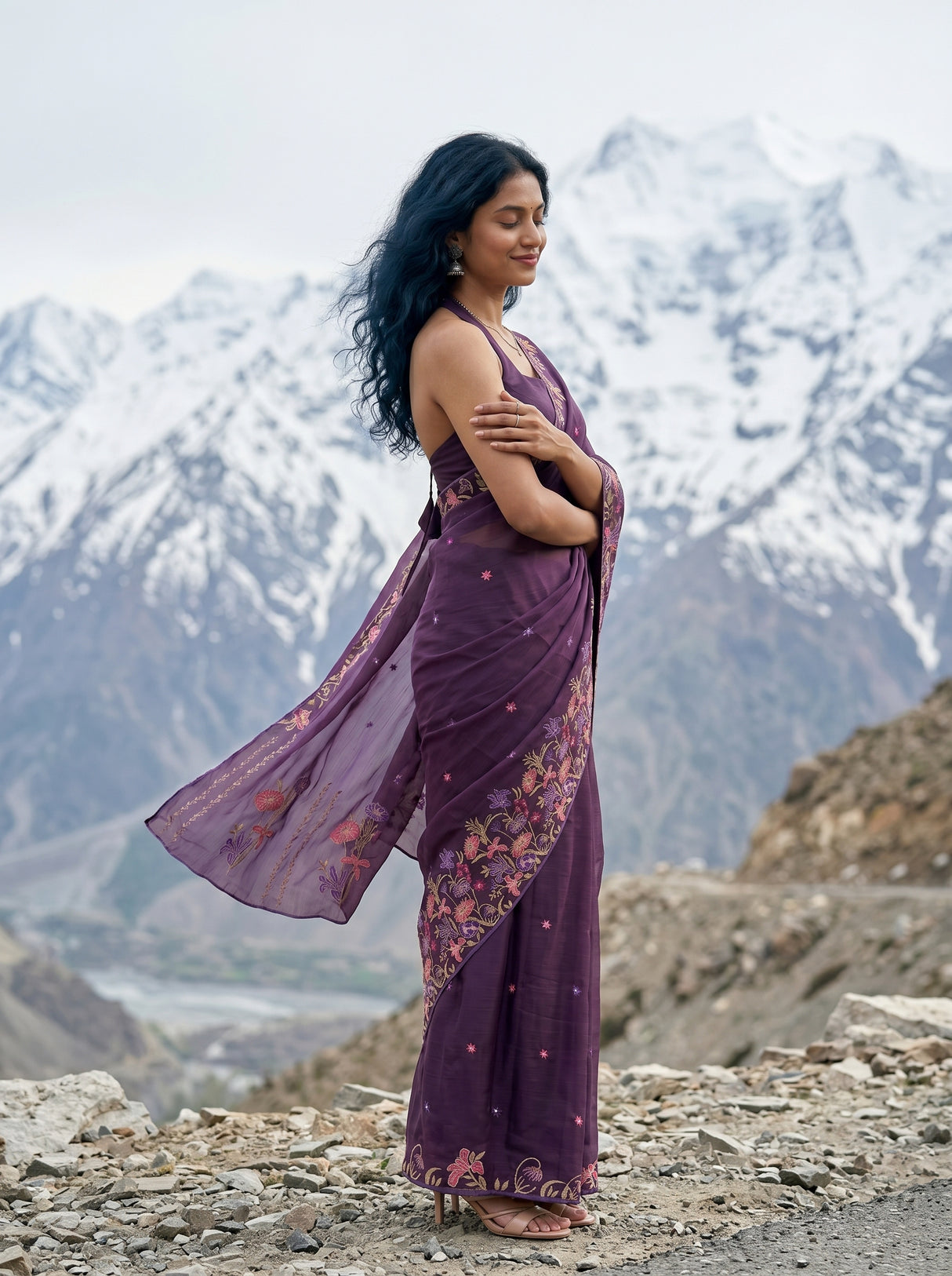MIMOSA Violet Banarasi chiffon Saree — Model close-up torso