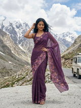 MIMOSA Violet Banarasi chiffon Saree — Model close-up drape