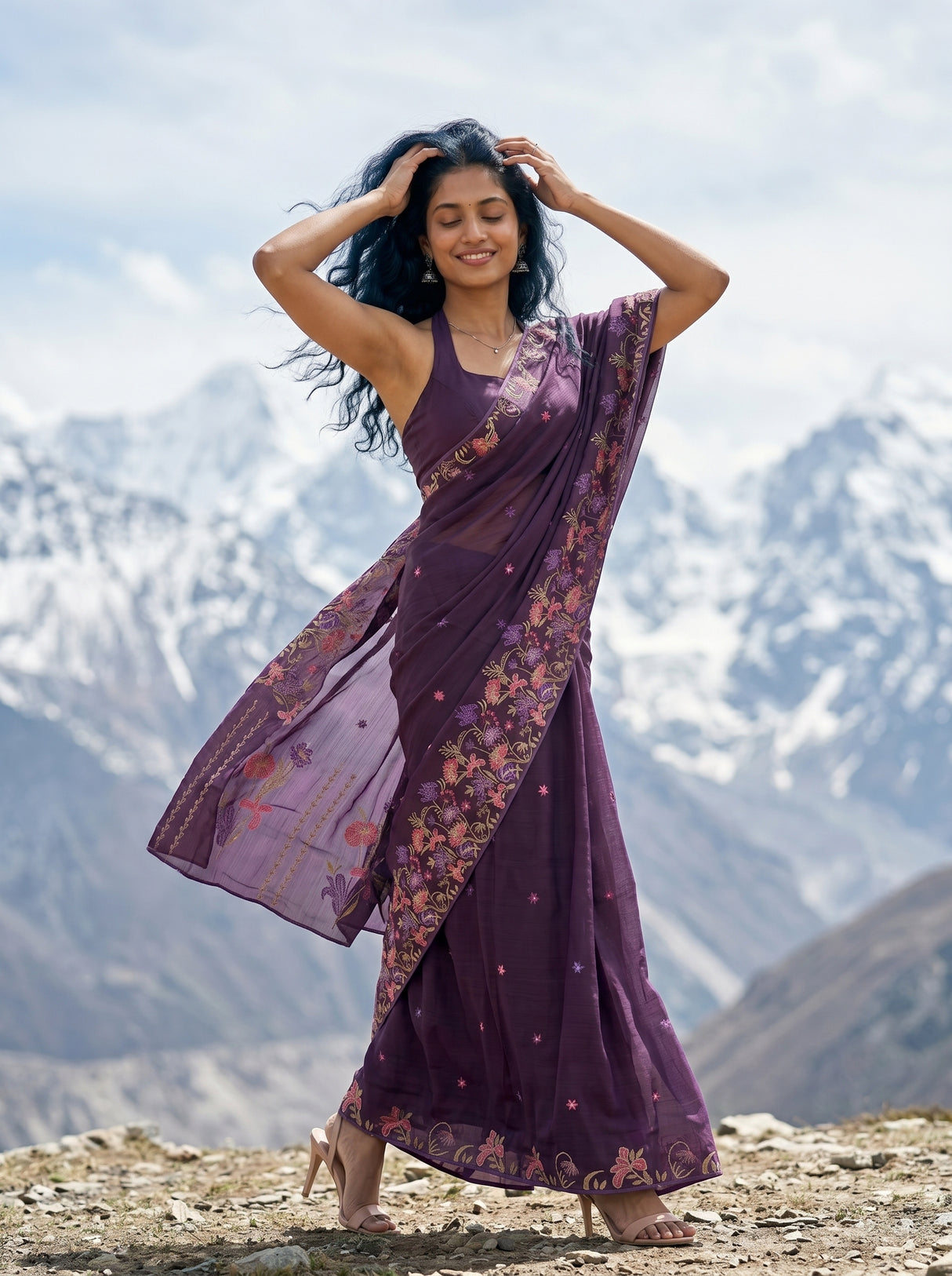 MIMOSA Violet Banarasi chiffon Saree — Model full length