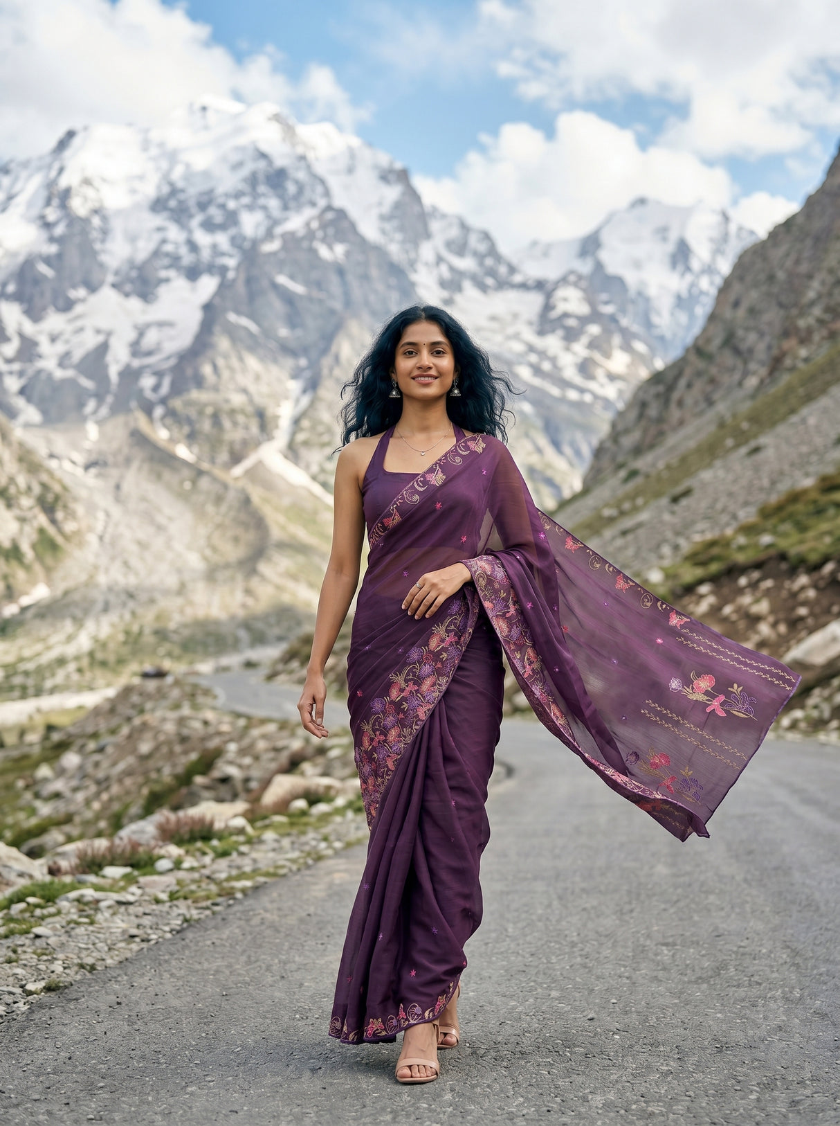 MIMOSA Violet Banarasi chiffon Saree — pose 6 styling detail