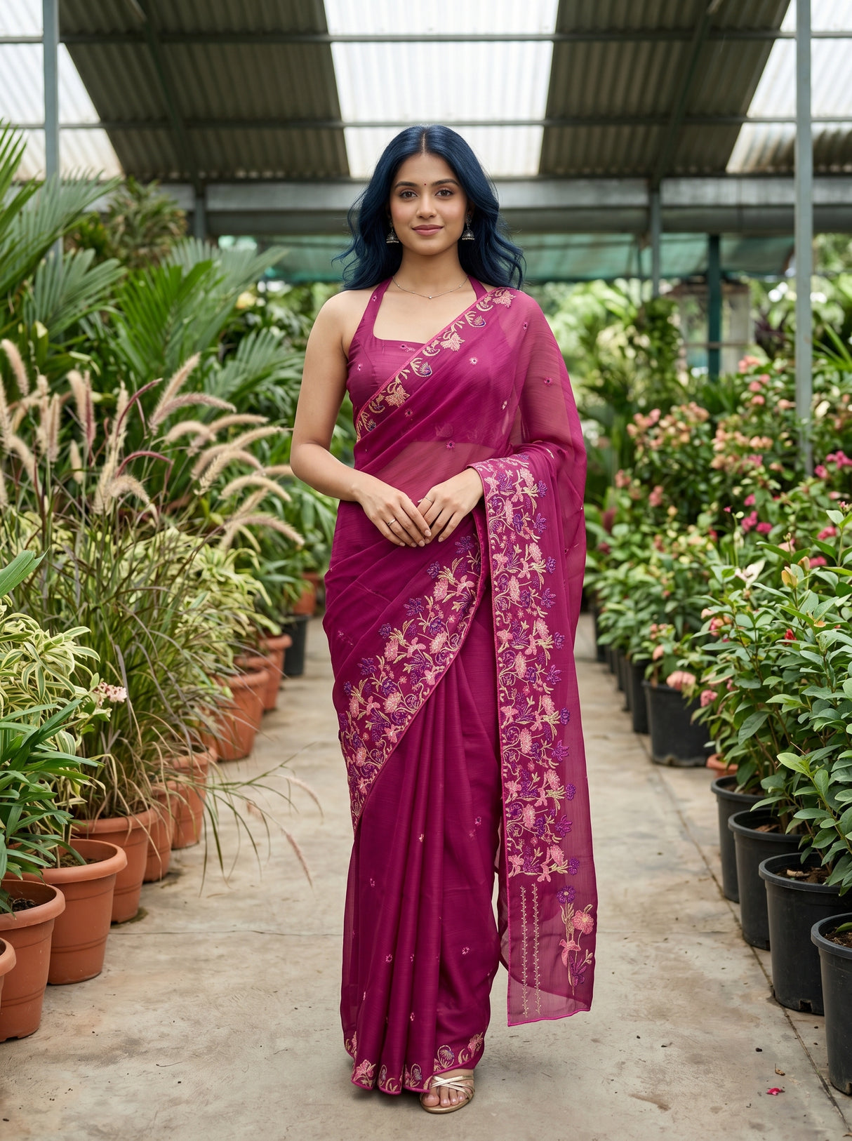MIMOSA Wine Banarasi chiffon Saree — AI Model lifestyle pose