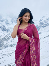 MIMOSA Wine Banarasi chiffon Saree — pose 10 styling detail