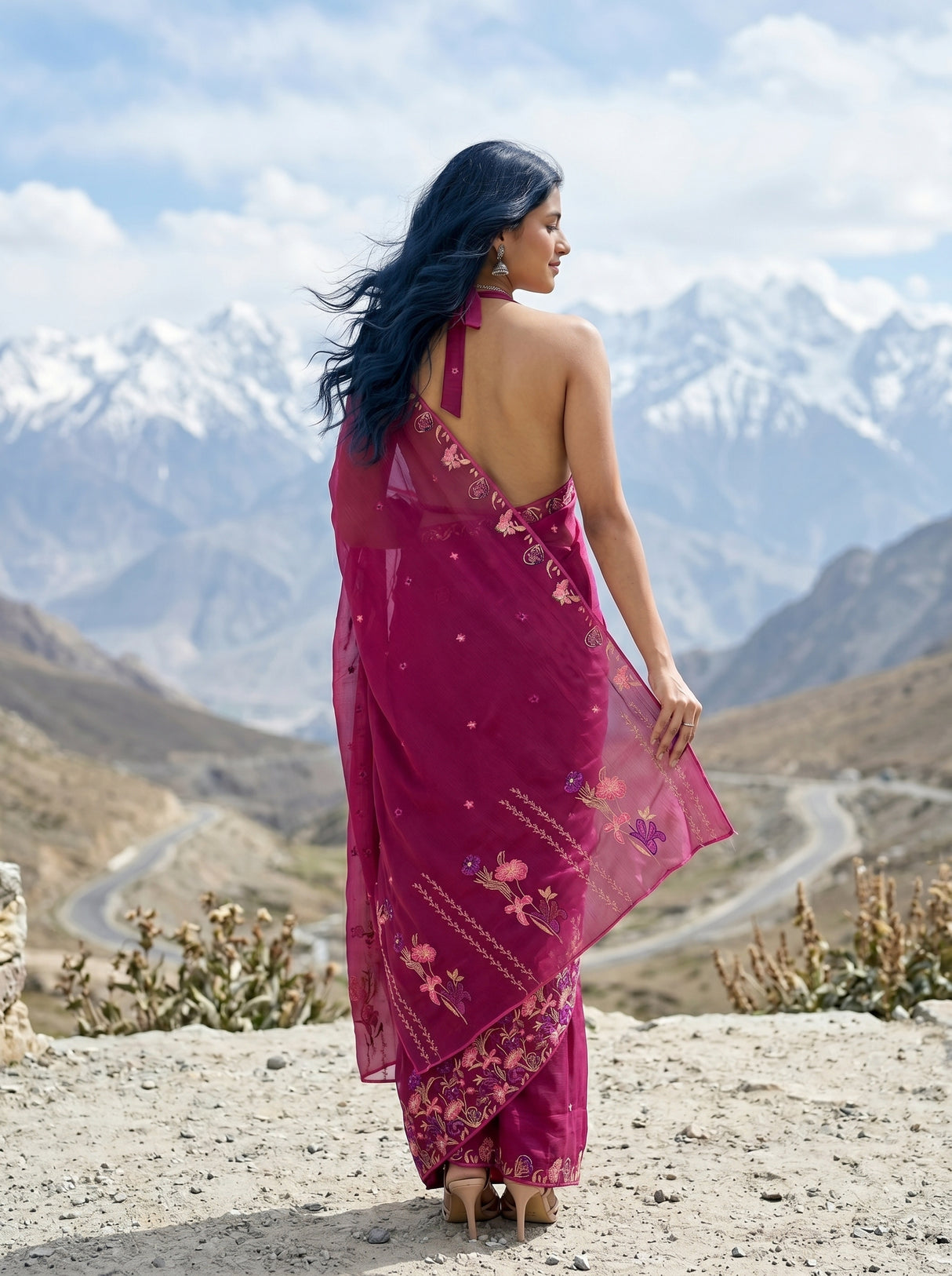 MIMOSA Wine Banarasi chiffon Saree — Model close-up face