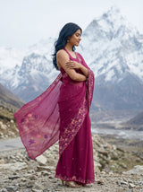 MIMOSA Wine Banarasi chiffon Saree — Model close-up torso