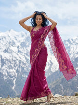 MIMOSA Wine Banarasi chiffon Saree — Model full length