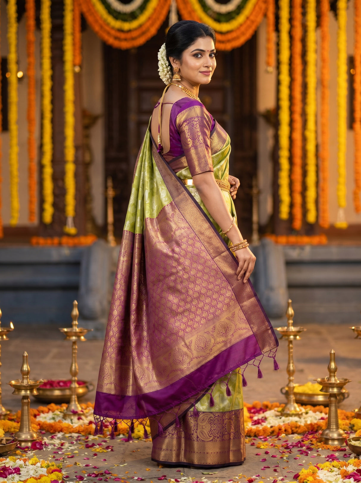 MIMOSA Olive Kanjivaram Art Silk Saree — pose 9 styling detail