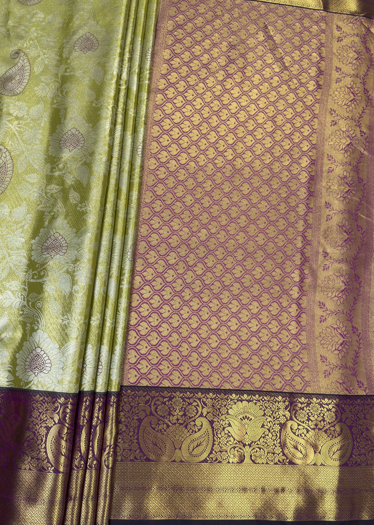 MIMOSA Olive Kanjivaram Art Silk Saree — pallu and zari work detail