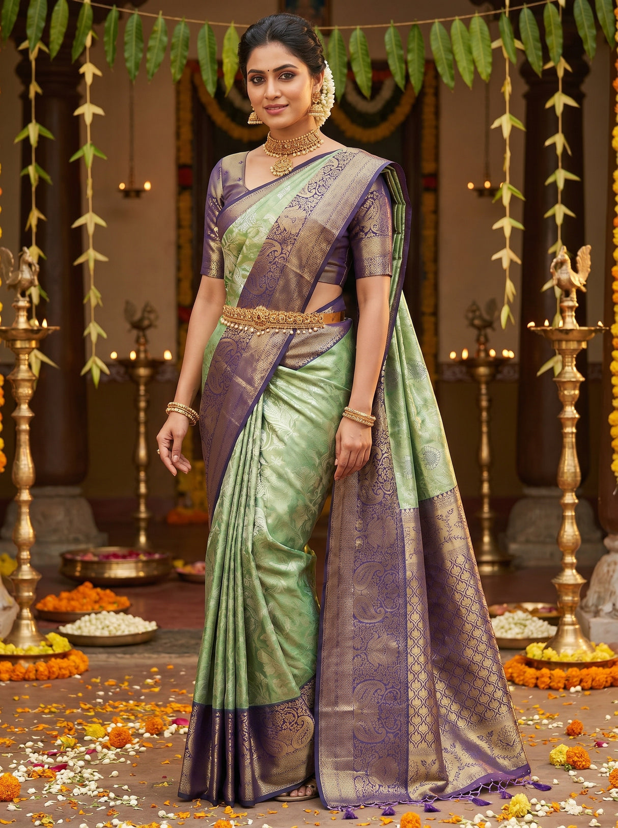 MIMOSA Rama Kanjivaram Art Silk Saree — Draped Mannequin View