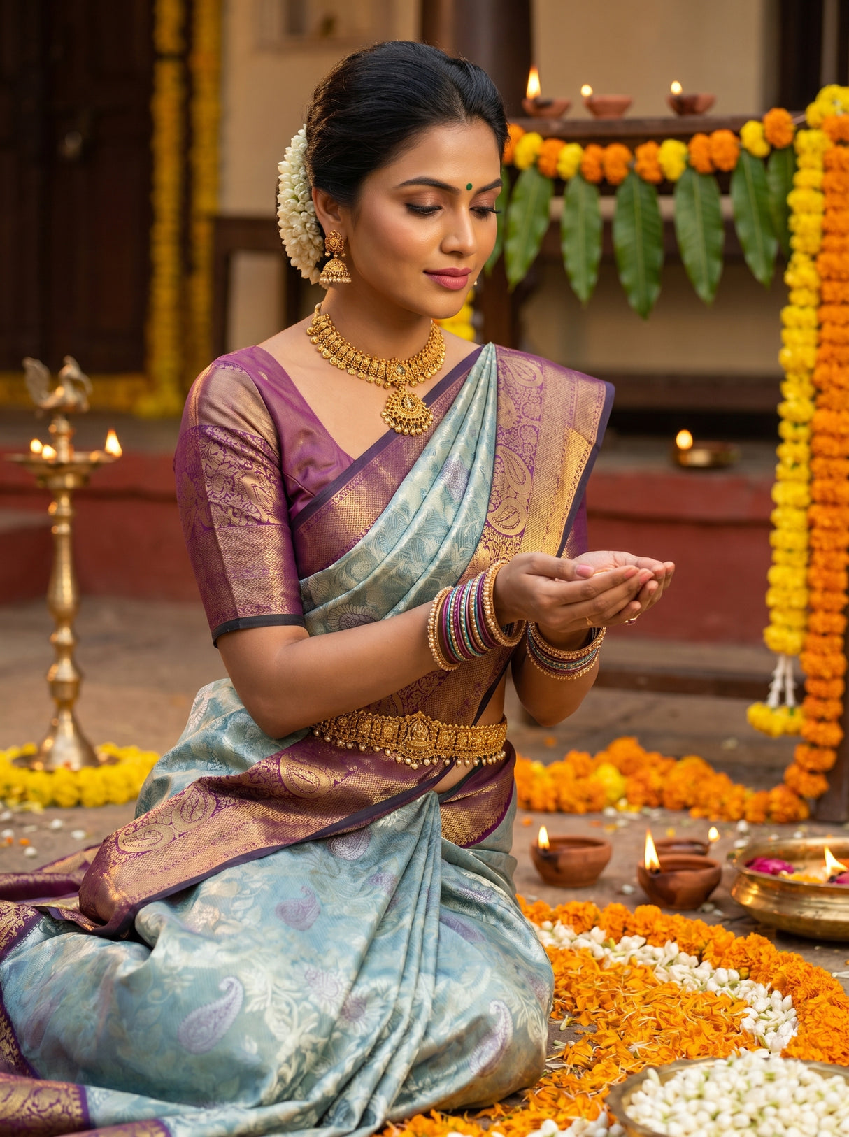 MIMOSA Saffire Kanjivaram Art Silk Saree — Festive Lifestyle Pose