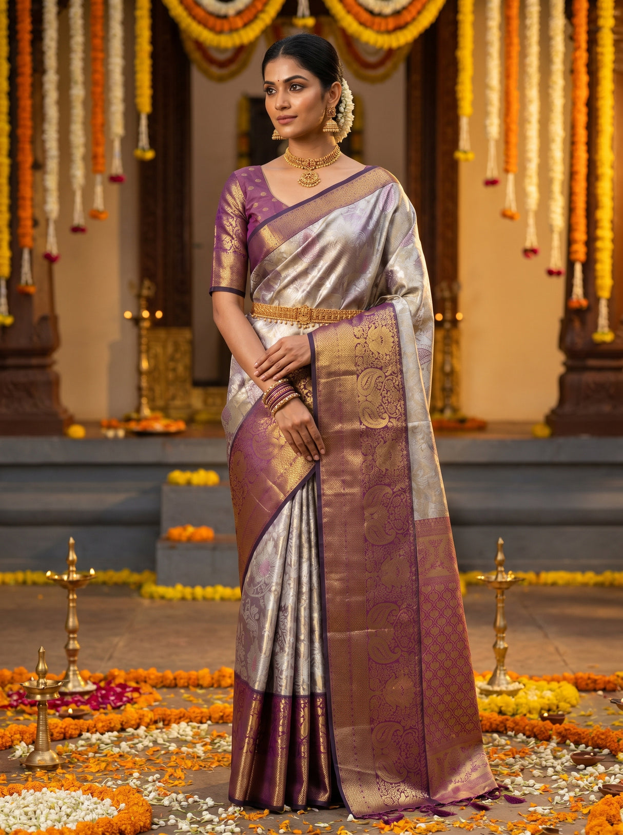 MIMOSA Violet Kanjivaram Art Silk Saree — Draped Mannequin View