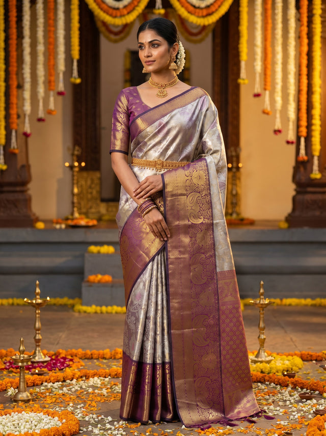 MIMOSA Violet Kanjivaram Art Silk Saree — Draped Mannequin View