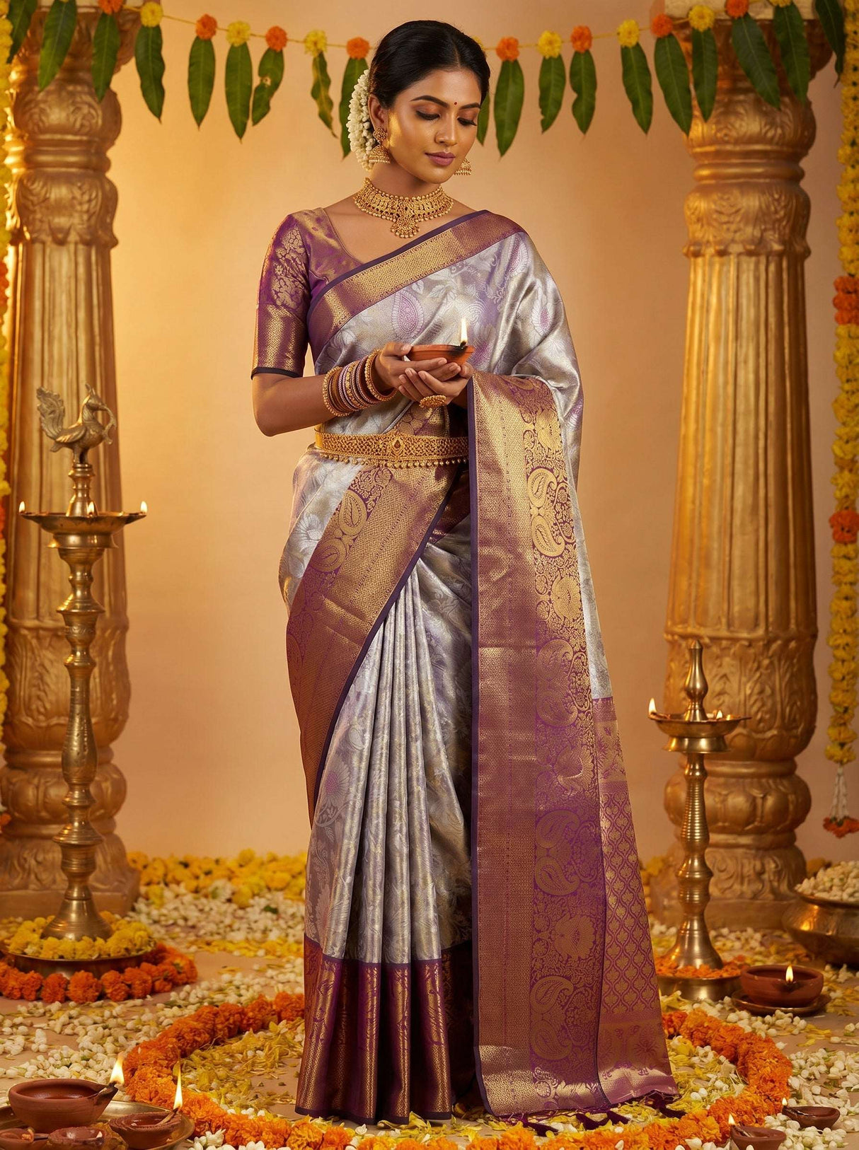 MIMOSA Violet Kanjivaram Art Silk Saree — Festive Lifestyle Pose