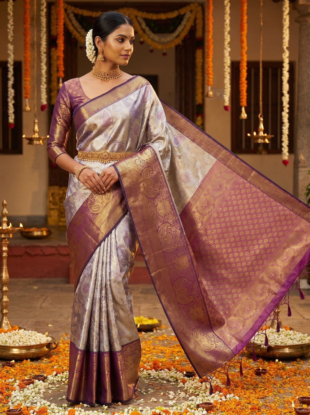 MIMOSA Violet Kanjivaram Art Silk Saree — pose 6 styling detail
