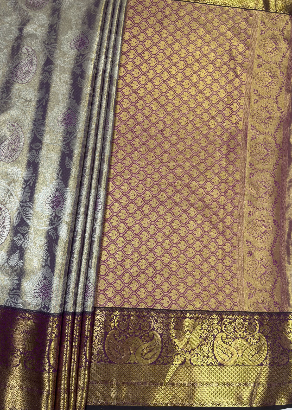 MIMOSA Violet Kanjivaram Art Silk Saree — pallu and zari work detail