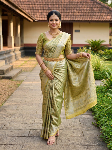 MIMOSA Gold Kanjivaram Art Silk Saree — Draped Mannequin View
