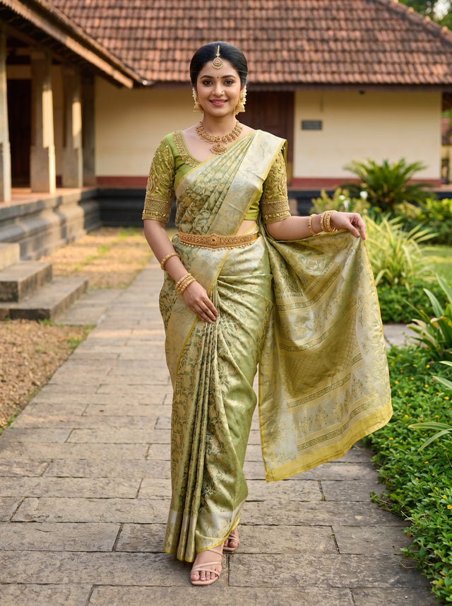 MIMOSA Gold Kanjivaram Art Silk Saree — Draped Mannequin View