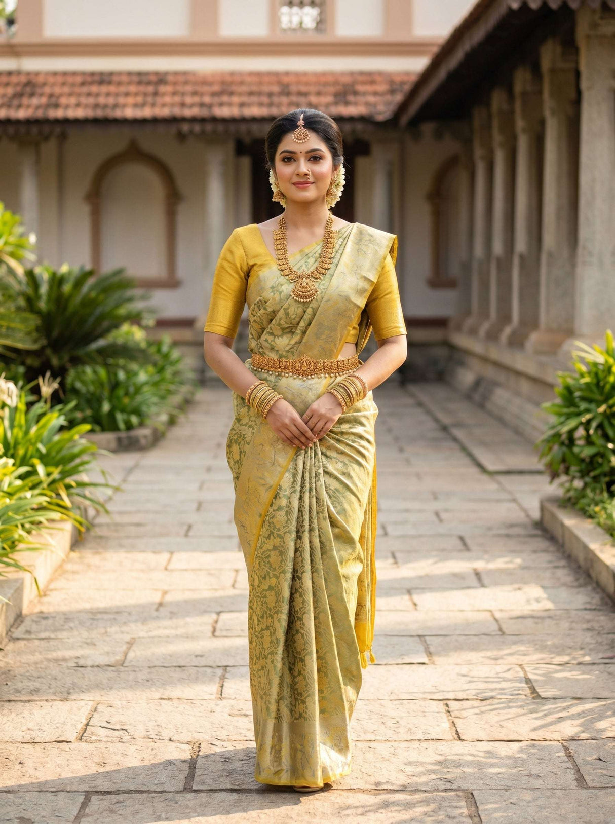 MIMOSA Gold Kanjivaram Art Silk Saree — Lifestyle Pose