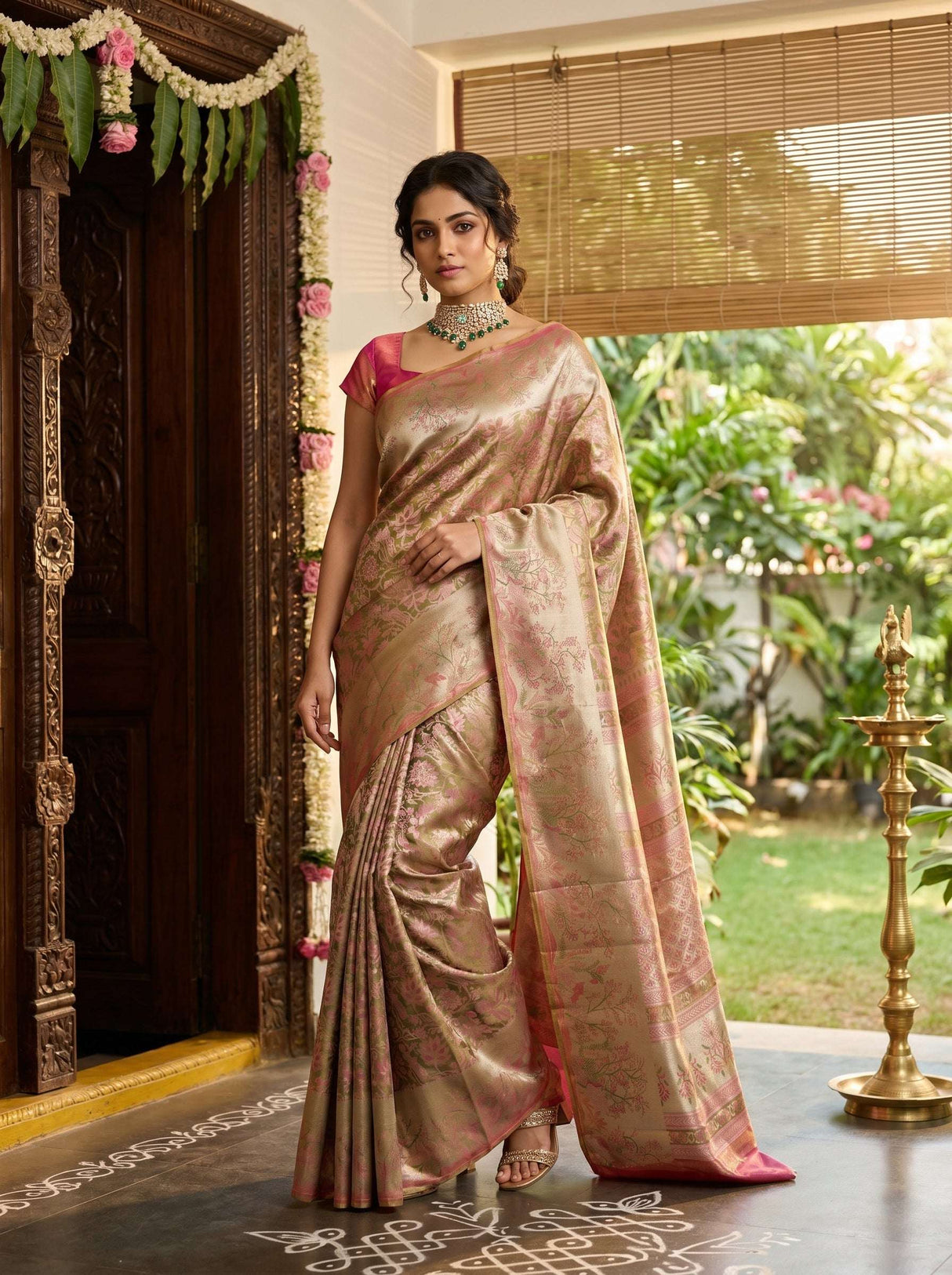 MIMOSA Green Kanjivaram Art Silk Saree — Draped Mannequin View