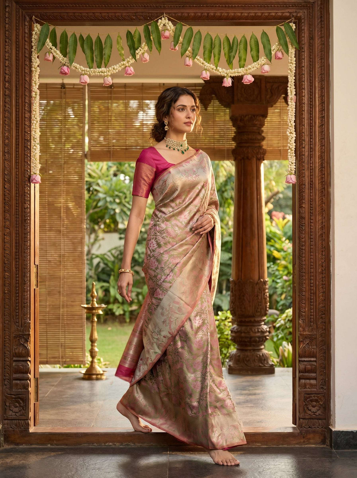MIMOSA Green Kanjivaram Art Silk Saree — pose 7 styling detail