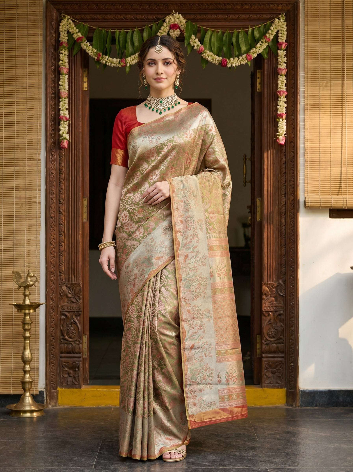 MIMOSA Olive Kanjivaram Art Silk Saree — Draped Mannequin View