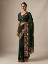 MIMOSA Bottle Green Banarasi chiffon Saree — close up of blouse and pallu embroidery