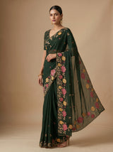 MIMOSA Bottle Green Banarasi chiffon Saree — close up of border and pleats