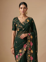 MIMOSA Bottle Green Banarasi chiffon Saree — pose 5 styling detail