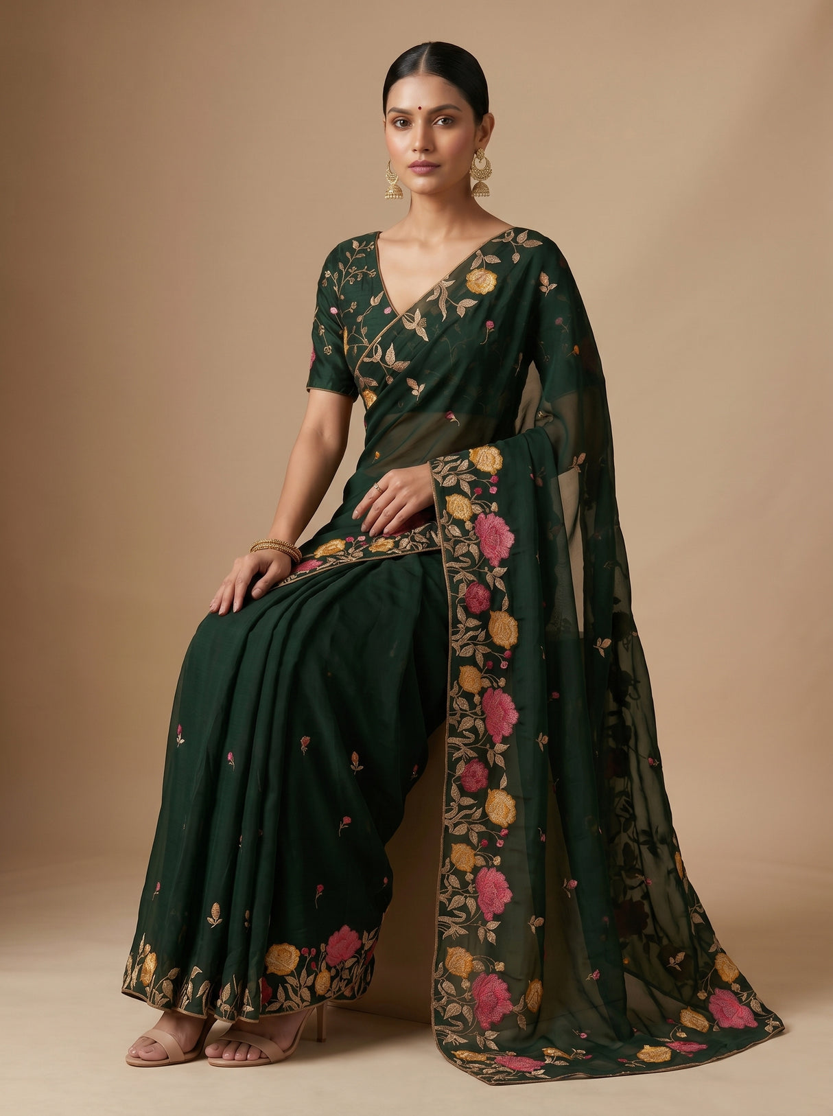 MIMOSA Bottle Green Banarasi chiffon Saree — pose 7 styling detail