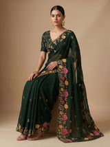 MIMOSA Bottle Green Banarasi chiffon Saree — pose 7 styling detail