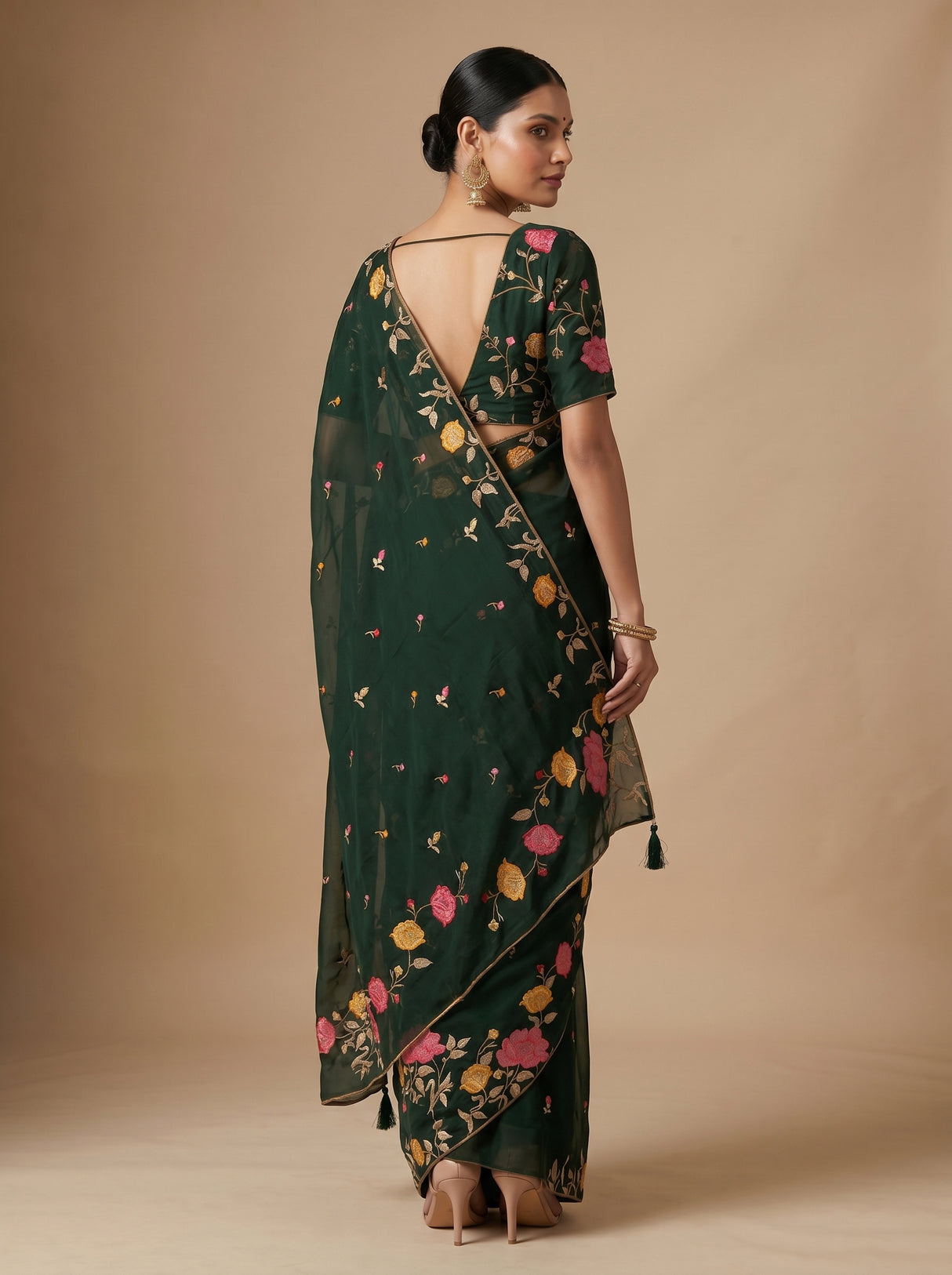MIMOSA Bottle Green Banarasi chiffon Saree — pose 8 styling detail