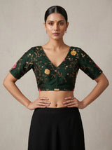 MIMOSA Bottle Green Banarasi chiffon Saree — blouse close-up