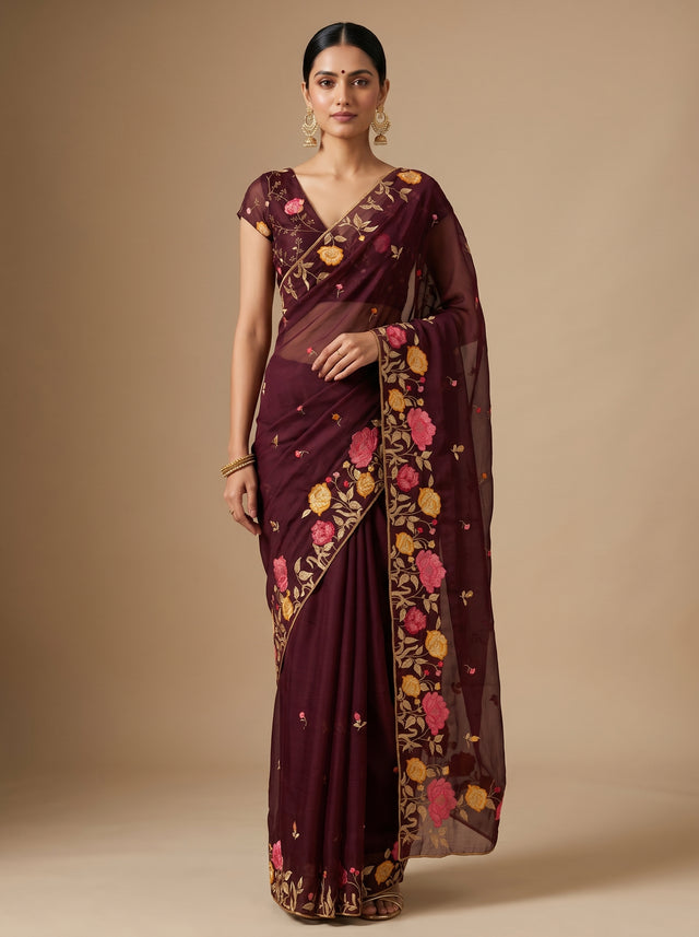 MIMOSA Chocolate Banarasi chiffon Saree — model standing front pose