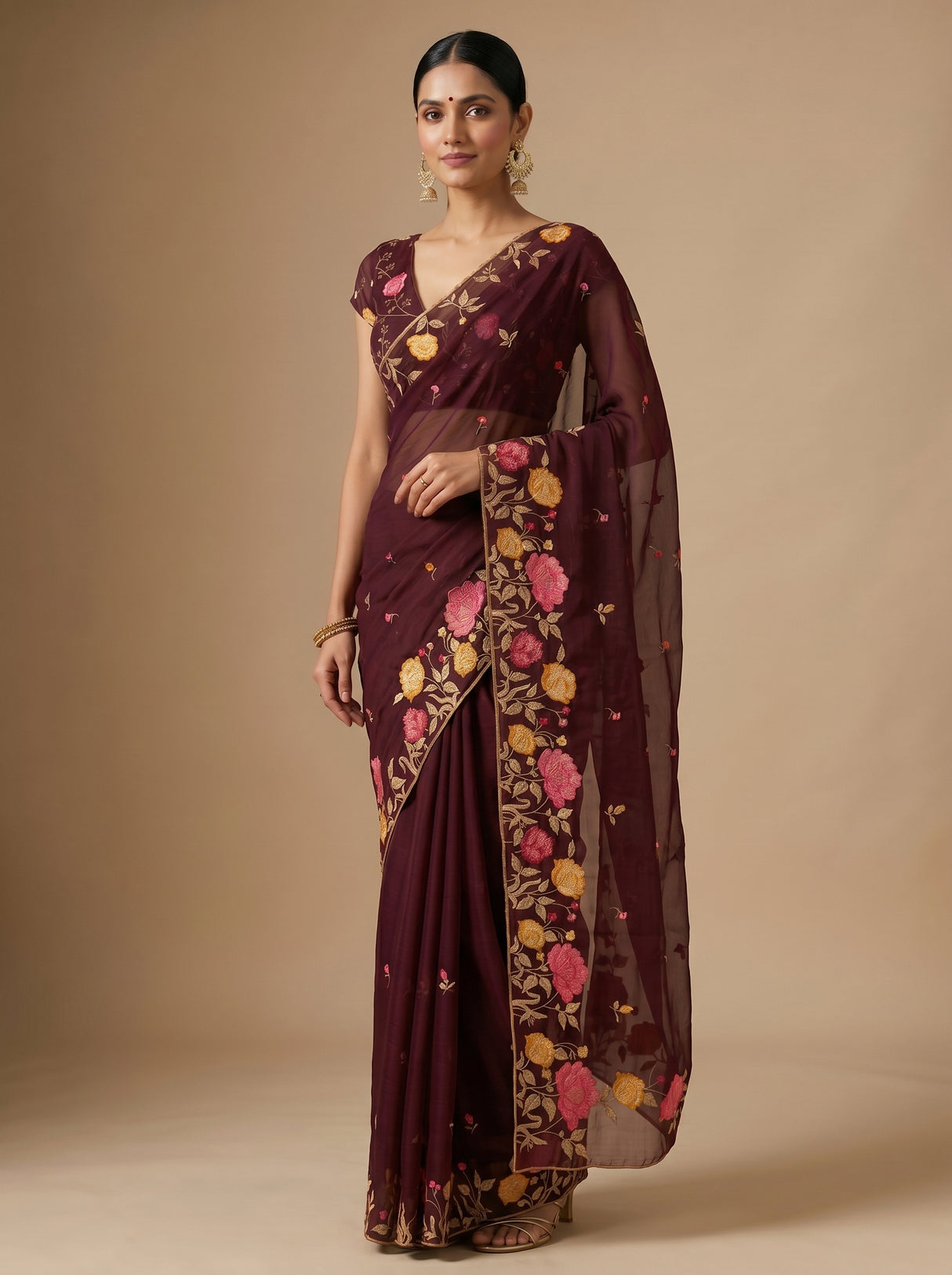 MIMOSA Chocolate Banarasi chiffon Saree — close up of blouse and pallu embroidery