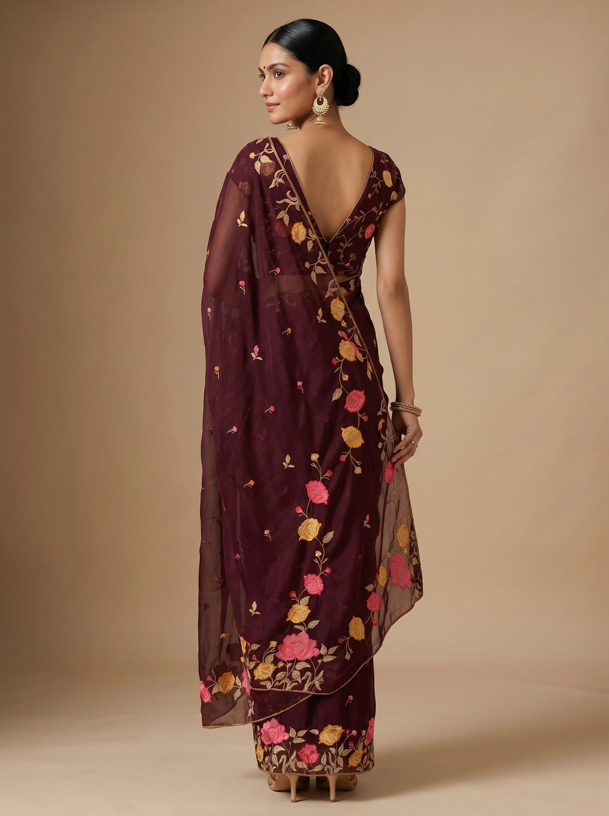 MIMOSA Chocolate Banarasi chiffon Saree — pose 8 styling detail