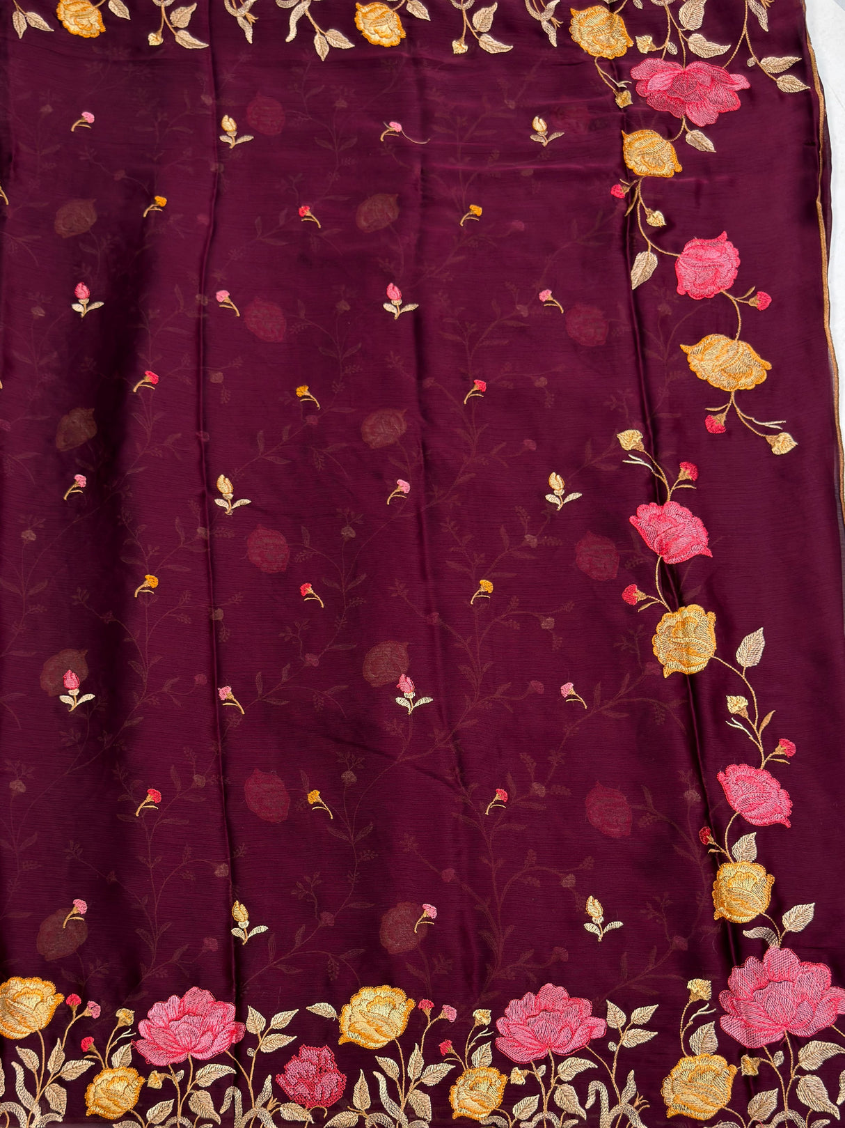 MIMOSA Chocolate Banarasi chiffon Saree — pallu and zari work detail