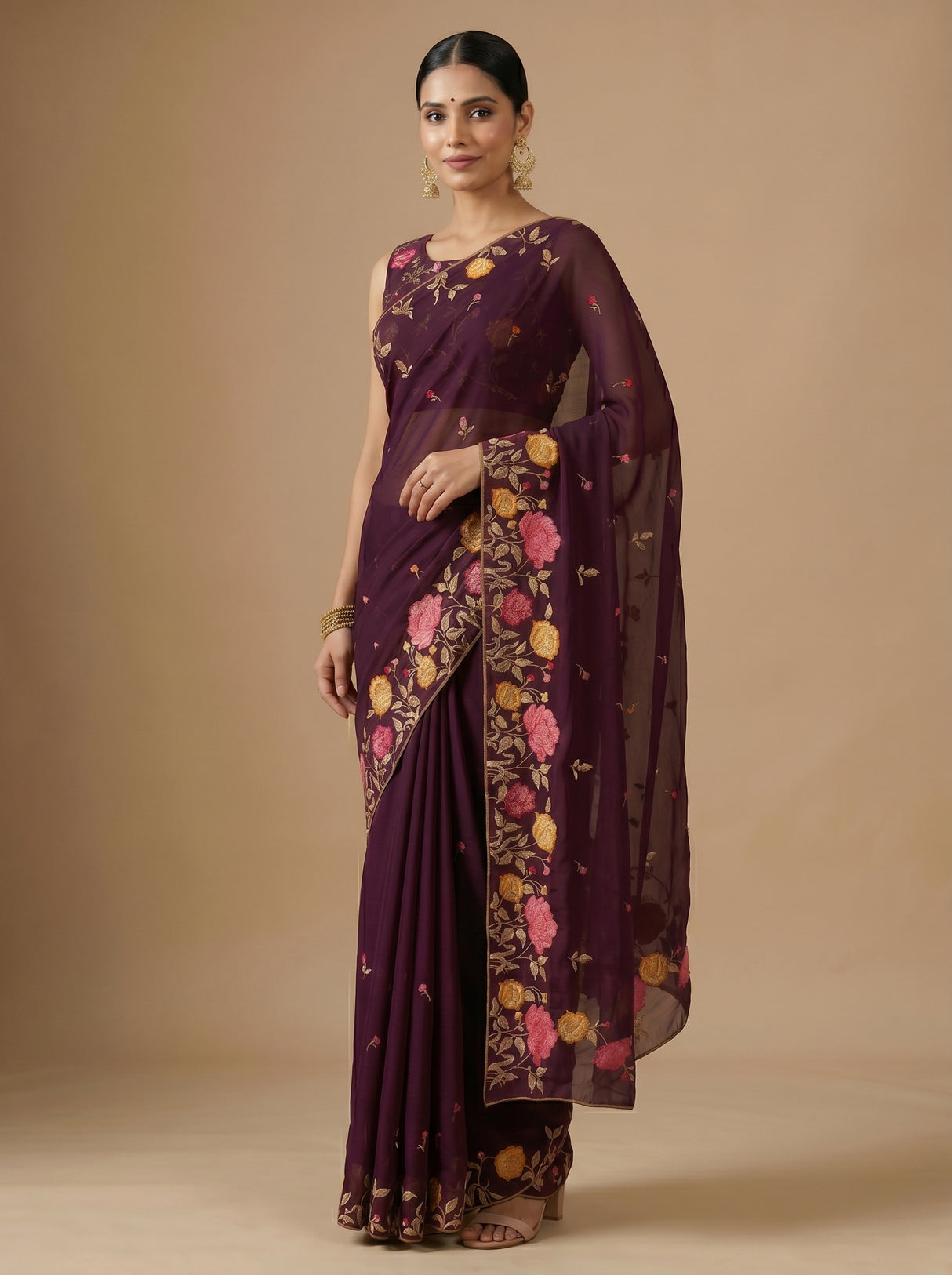 MIMOSA Magenta Banarasi chiffon Saree — close up of blouse and pallu embroidery