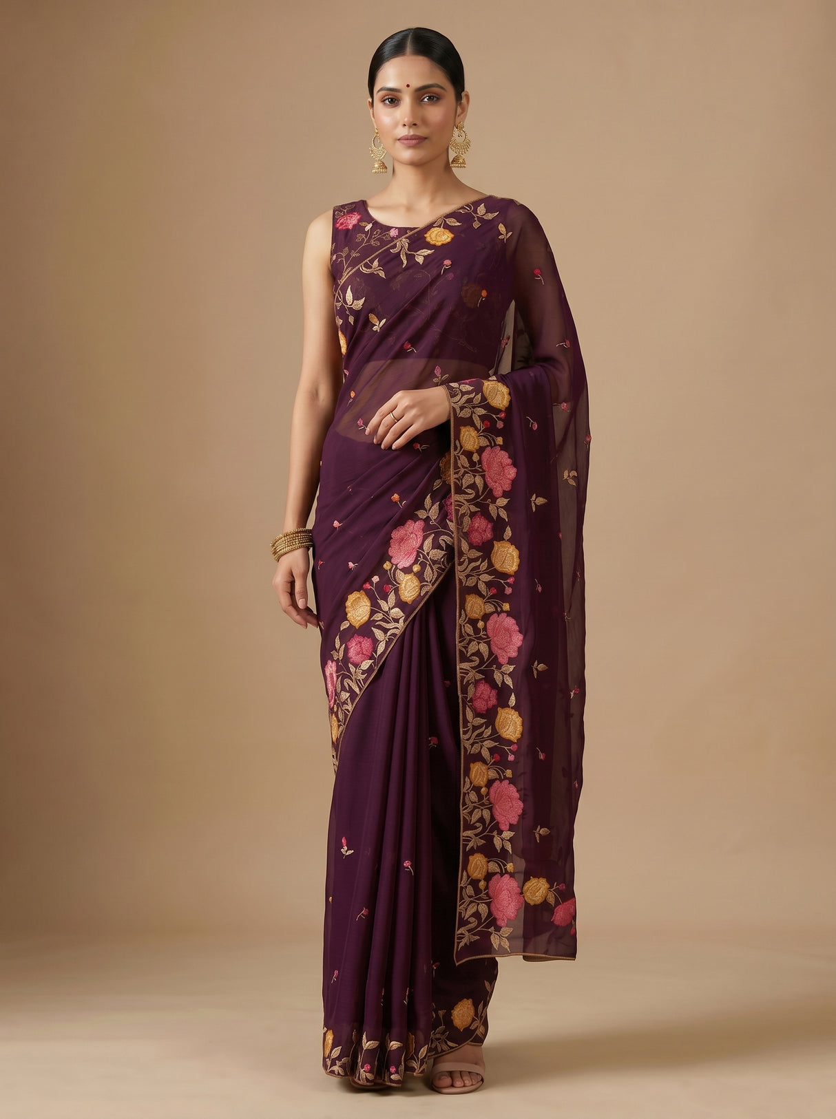 MIMOSA Magenta Banarasi chiffon Saree — close up of border and pleats