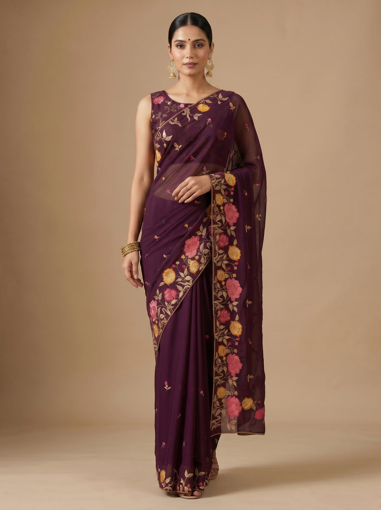 MIMOSA Magenta Banarasi chiffon Saree — pose 6 styling detail
