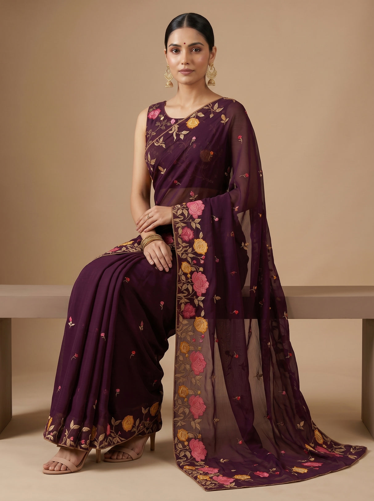 MIMOSA Magenta Banarasi chiffon Saree — pose 7 styling detail