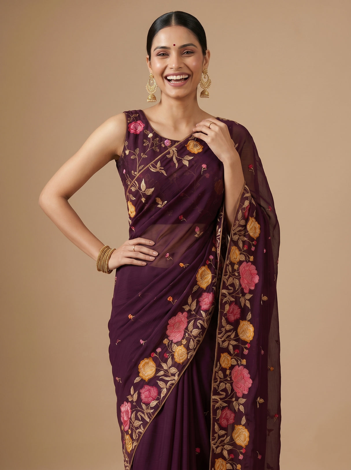 MIMOSA Magenta Banarasi chiffon Saree — pose 9 styling detail