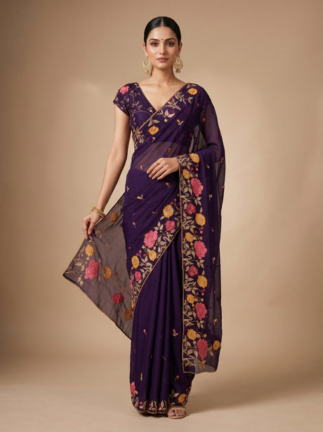 MIMOSA Purple Banarasi chiffon Saree — model standing front pose
