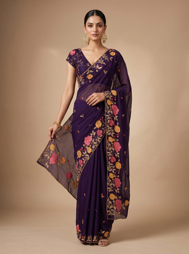 MIMOSA Purple Banarasi chiffon Saree — model standing front pose