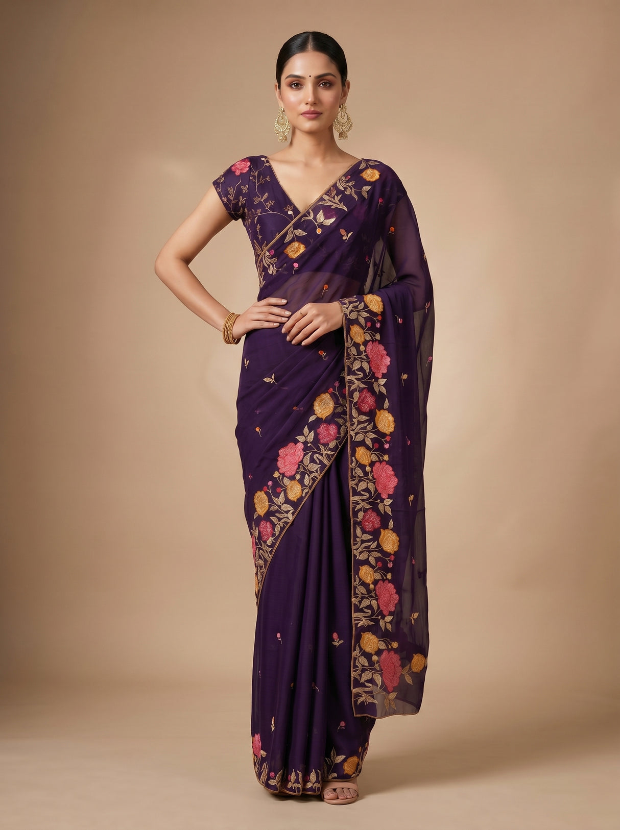MIMOSA Purple Banarasi chiffon Saree — close up of border and pleats