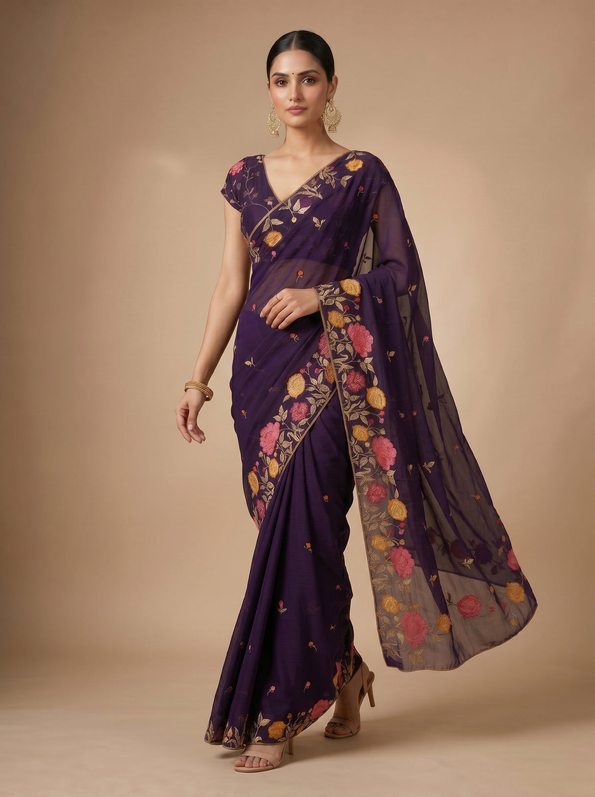 MIMOSA Purple Banarasi chiffon Saree — pose 6 styling detail