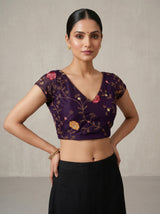 MIMOSA Purple Banarasi chiffon Saree — blouse close-up