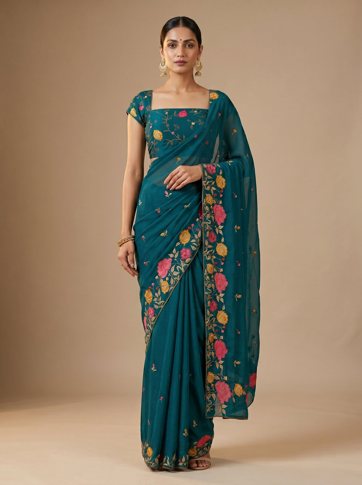 MIMOSA Sapphire Banarasi chiffon Saree — model standing front pose