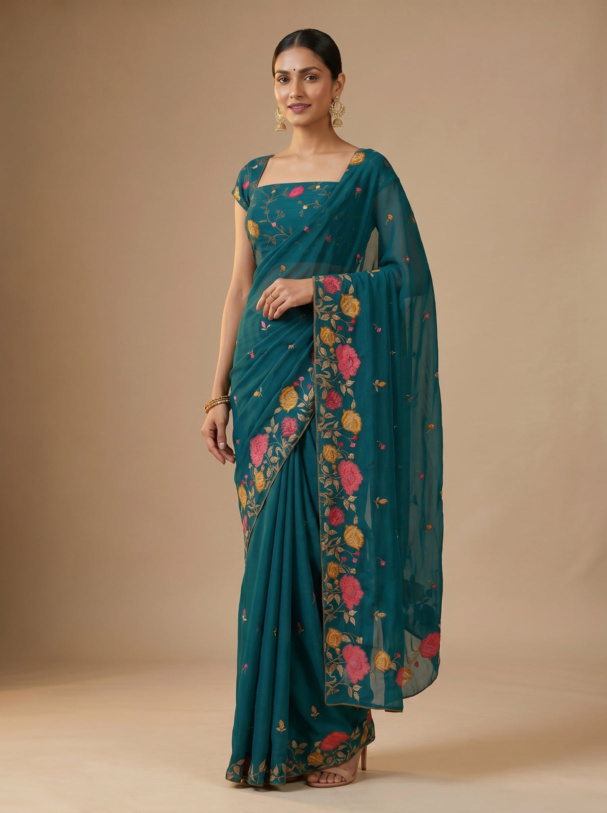 MIMOSA Sapphire Banarasi chiffon Saree — close up of blouse and pallu embroidery
