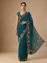 MIMOSA Sapphire Banarasi chiffon Saree — close up of border and pleats