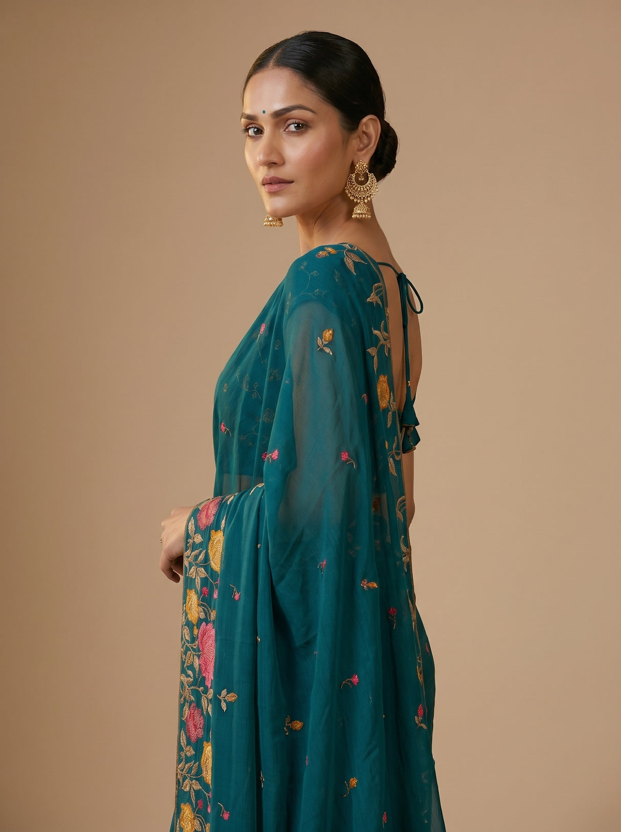MIMOSA Sapphire Banarasi chiffon Saree — pose 4 styling detail